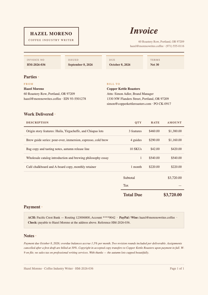 Artisanal coffee freelance writer invoice